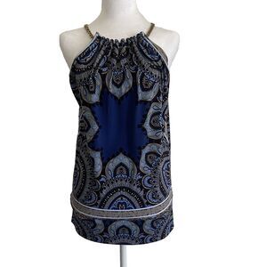 Cache Halter Top Tunic Chain Strap Blue Paisley Women's Small Boho Resort Casual